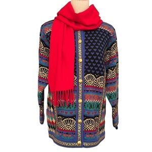 Vrikke Norwegian Wool Long Line Cardigan With Gold Metallic Detailing Size Small